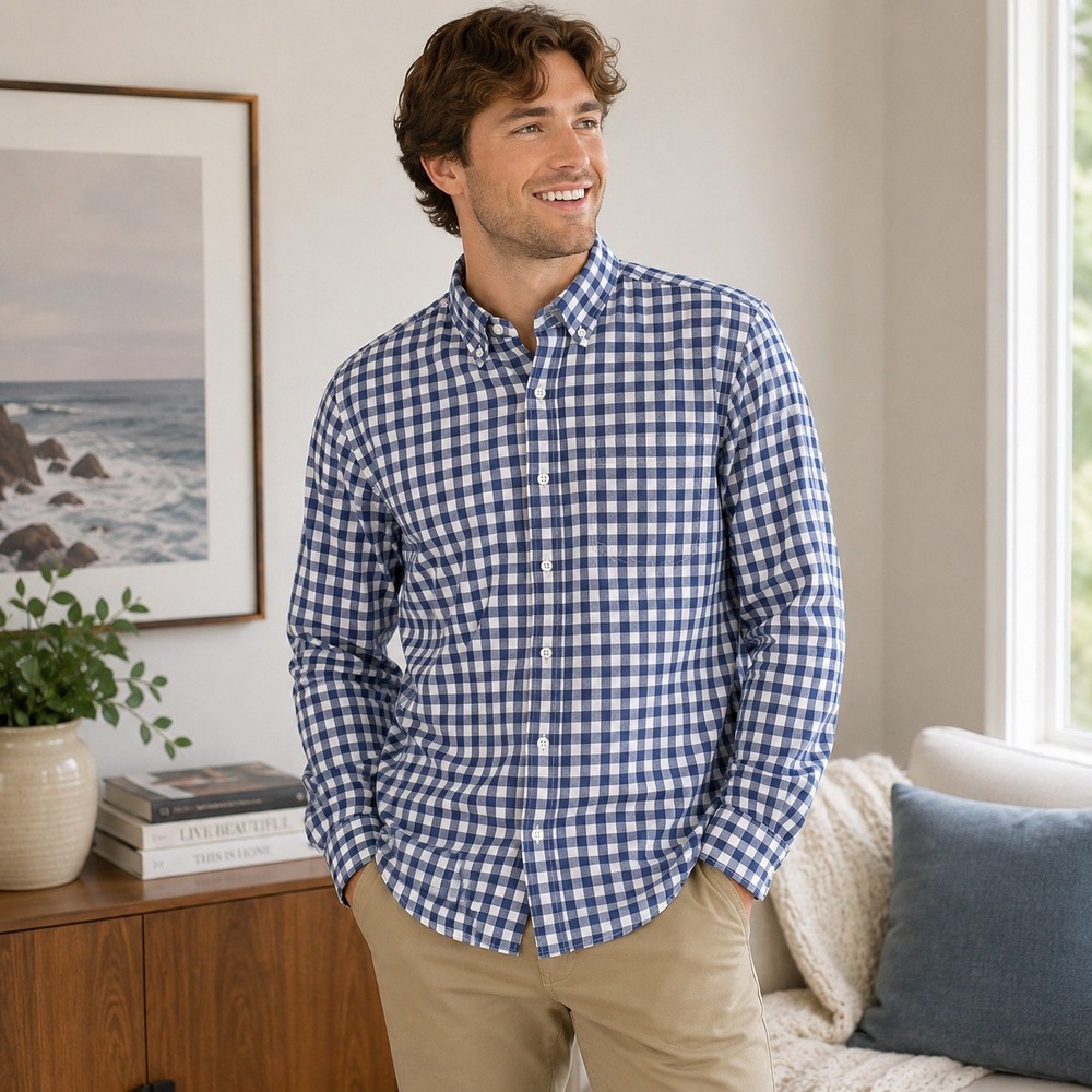 J.Crew Shirt Men L Blue White Gingham Check Cotton Button Down 19417